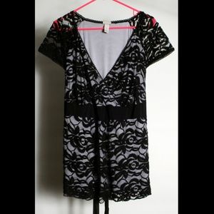 Layered Rose Lace Faux Wrap Top w Back Tie